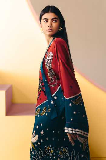 NOIB_Multicolor Satin, Modal V-neck Adah Nocturnal Jungle Print Kaftan _Online_at_Aza_Fashions