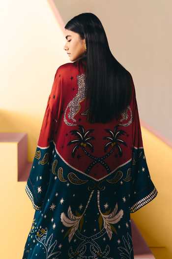 Shop_NOIB_Multicolor Satin, Modal V-neck Adah Nocturnal Jungle Print Kaftan _at_Aza_Fashions