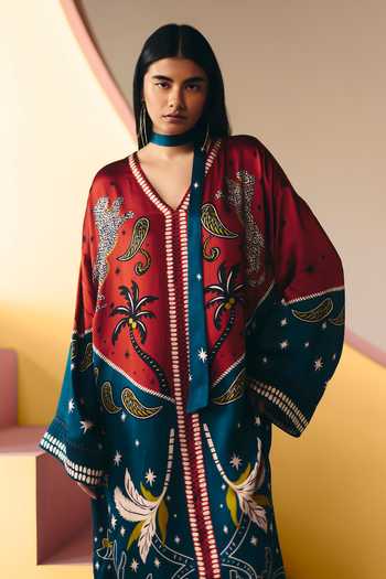 Buy_NOIB_Multicolor Satin, Modal V-neck Adah Nocturnal Jungle Print Kaftan 