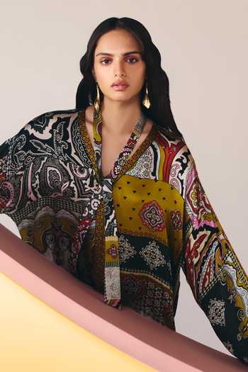 Buy_NOIB_Multi Color Satin, Modal V-neck Adah Mosaic Print Kaftan _Online_at_Aza_Fashions