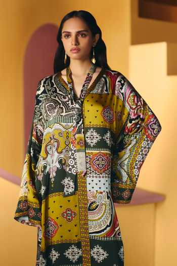 Shop_NOIB_Multi Color Satin, Modal V-neck Adah Mosaic Print Kaftan 