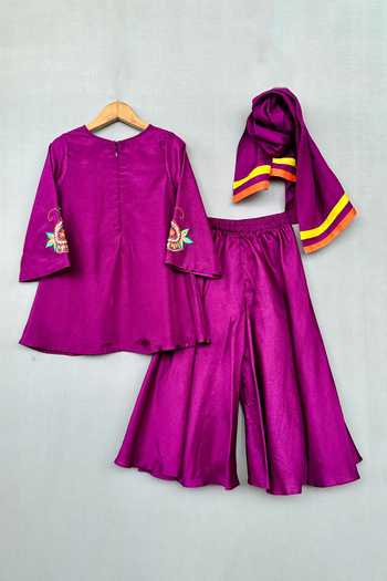 Label Neeti_Purple Silk, Cotton Paisley Embroidered Kurta Palazzo Set _Online_at_Aza_Fashions