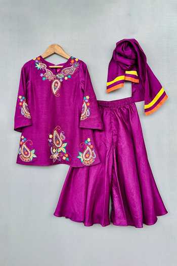 Shop_Label Neeti_Purple Silk, Cotton Paisley Embroidered Kurta Palazzo Set _at_Aza_Fashions