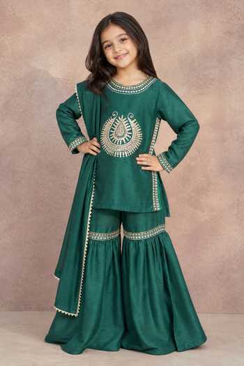 Buy_Label Neeti_Green Silk Embroidered Kurta Sharara Set _at_Aza_Fashions