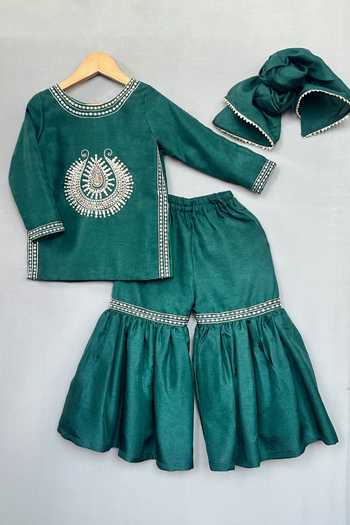 Shop_Label Neeti_Green Silk Embroidered Kurta Sharara Set _at_Aza_Fashions