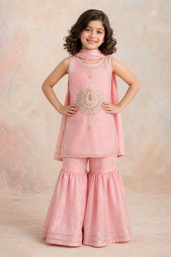 Buy_Label Neeti_Peach Cotton, Silk Embroidered Kurta Sharara Set _at_Aza_Fashions