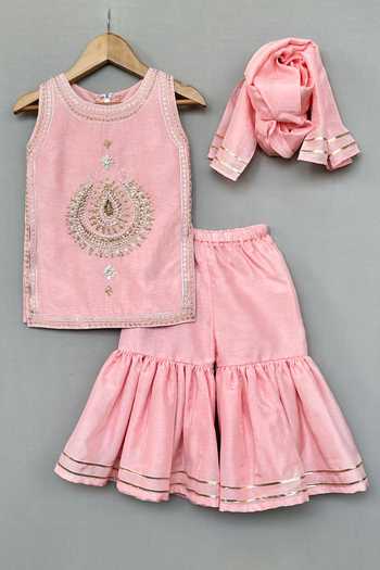 Shop_Label Neeti_Peach Cotton, Silk Embroidered Kurta Sharara Set _at_Aza_Fashions
