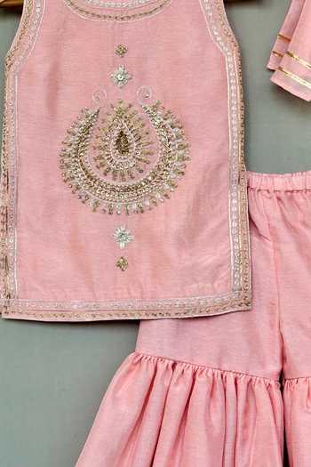 Buy_Label Neeti_Peach Cotton, Silk Embroidered Kurta Sharara Set _Online_at_Aza_Fashions