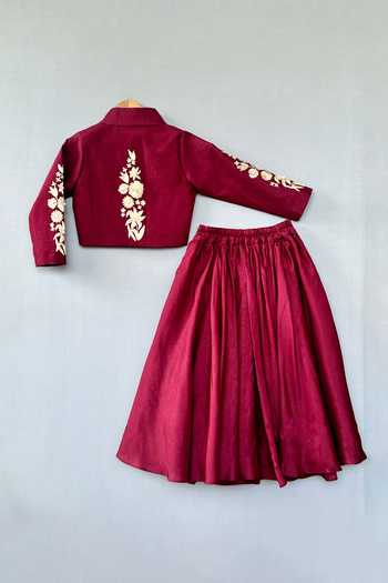 Label Neeti_Maroon Silk Zari Floral Embroidered Top And Lehenga Set _Online_at_Aza_Fashions