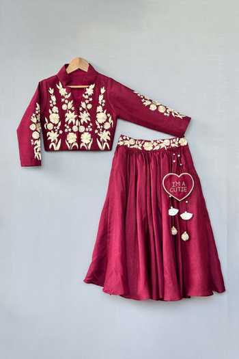 Shop_Label Neeti_Maroon Silk Zari Floral Embroidered Top And Lehenga Set _at_Aza_Fashions