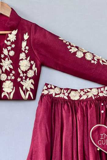 Buy_Label Neeti_Maroon Silk Zari Floral Embroidered Top And Lehenga Set _Online_at_Aza_Fashions
