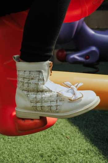 Ninobello_White Bows Beige Checkered Boots _Online_at_Aza_Fashions