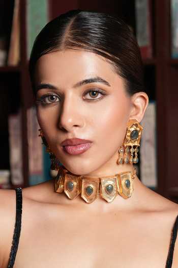 Buy_Cao Jewellery_Gold Plated Polished Choker Necklace And Earrings Set _at_Aza_Fashions