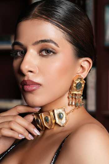 Cao Jewellery_Gold Plated Polished Choker Necklace And Earrings Set _Online_at_Aza_Fashions