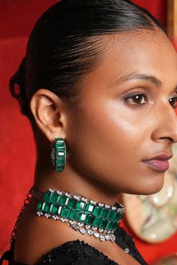 Shop_Cao Jewellery_Emerald Green Stone Embellished Choker Set _Online_at_Aza_Fashions