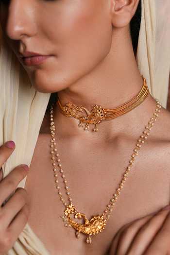 Shop_Cao Jewellery_Gold Plated Pearl Embellished Pendant Necklace And Choker Set _at_Aza_Fashions