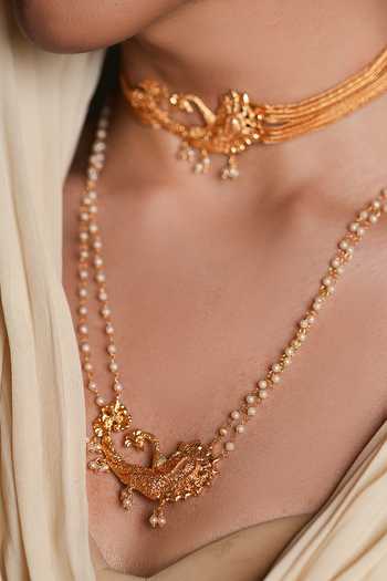 Buy_Cao Jewellery_Gold Plated Pearl Embellished Pendant Necklace And Choker Set _Online_at_Aza_Fashions