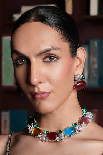 Shop_Cao Jewellery_Multi Color Crystal Embellished Choker Set _at_Aza_Fashions