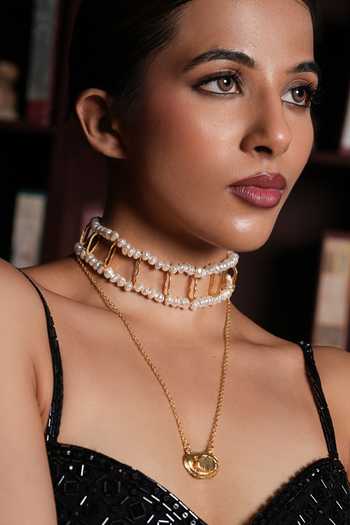 Shop_Cao Jewellery_Gold Plated Pearl Embellished Choker And Necklace Set _at_Aza_Fashions