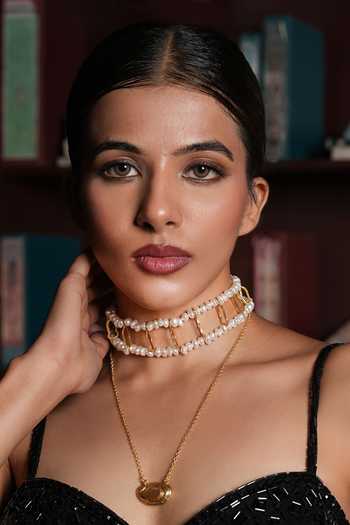Buy_Cao Jewellery_Gold Plated Pearl Embellished Choker And Necklace Set _at_Aza_Fashions