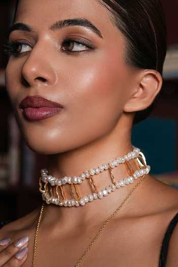Shop_Cao Jewellery_Gold Plated Pearl Embellished Choker And Necklace Set _Online_at_Aza_Fashions