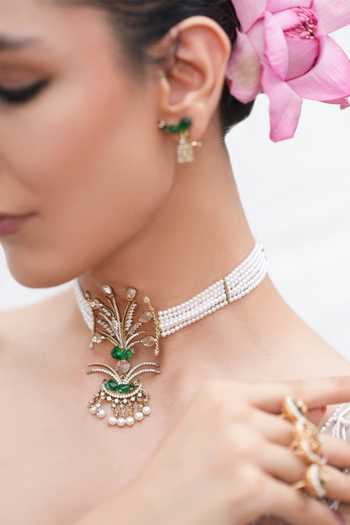 Shop_Cao Jewellery_Multi Color Stone Embellished Pendant Choker Set _at_Aza_Fashions