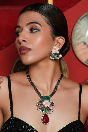 Shop_Cao Jewellery_Multi Color Floral Embellished Pendant Necklace Set _at_Aza_Fashions