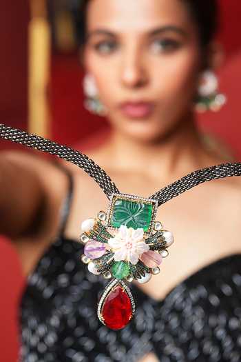Cao Jewellery_Multi Color Floral Embellished Pendant Necklace Set _Online_at_Aza_Fashions