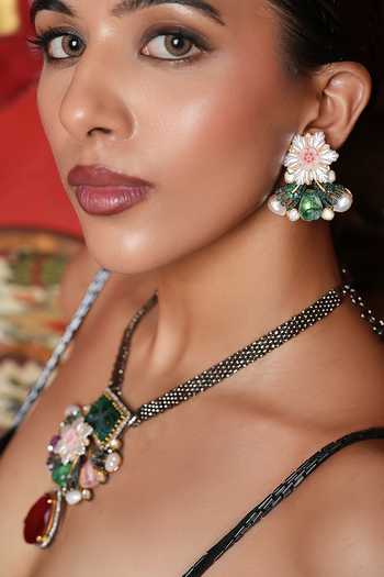 Shop_Cao Jewellery_Multi Color Floral Embellished Pendant Necklace Set _Online_at_Aza_Fashions