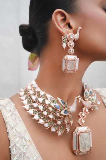 Shop_Cao Jewellery_White Dual Peacock Hasli Necklace And Earrings Set _at_Aza_Fashions