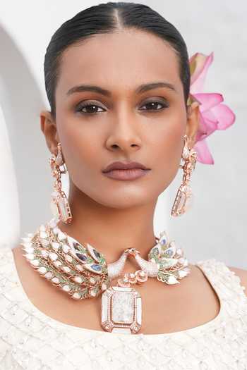Cao Jewellery_White Dual Peacock Hasli Necklace And Earrings Set _Online_at_Aza_Fashions