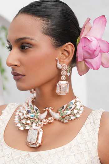 Buy_Cao Jewellery_White Dual Peacock Hasli Necklace And Earrings Set _Online_at_Aza_Fashions
