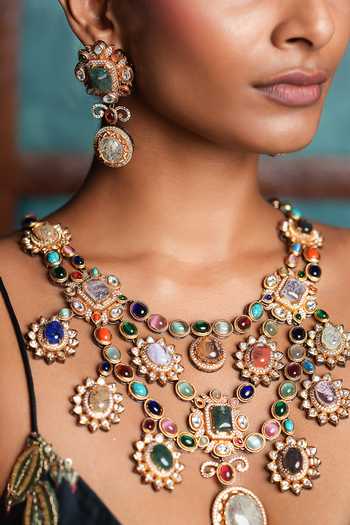 Buy_Cao Jewellery_Multi Color Navrattan Embellished Necklace Set _Online_at_Aza_Fashions