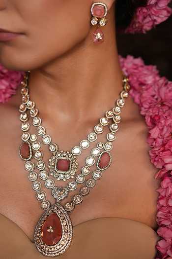 Shop_Cao Jewellery_Pink Kundan Embellished Pendant Necklace Set _at_Aza_Fashions