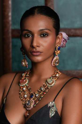 Shop_Cao Jewellery_Multi Color Navrattan Embellished Pendant Necklace Set _at_Aza_Fashions