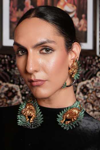 Shop_Cao Jewellery_Green Panther Motif Necklace Set _at_Aza_Fashions