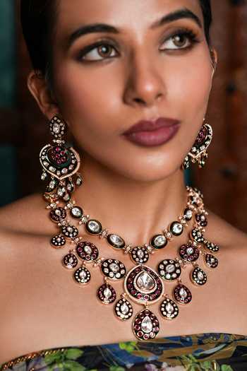 Cao Jewellery_Pink Kundan Polki Embellished Pendant Necklace Set _Online_at_Aza_Fashions
