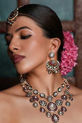 Shop_Cao Jewellery_Pink Kundan Polki Embellished Pendant Necklace Set _at_Aza_Fashions