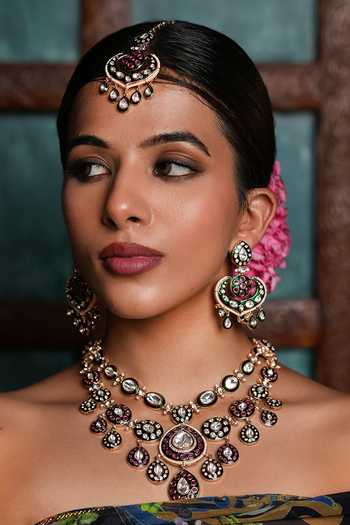 Buy_Cao Jewellery_Pink Kundan Polki Embellished Pendant Necklace Set _Online_at_Aza_Fashions