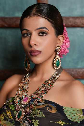 Shop_Cao Jewellery_Multi Color Navrattan Double Layered Necklace Set _at_Aza_Fashions