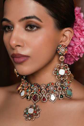 Shop_Cao Jewellery_Multi Color Gemstone Embellished Necklace Set _at_Aza_Fashions
