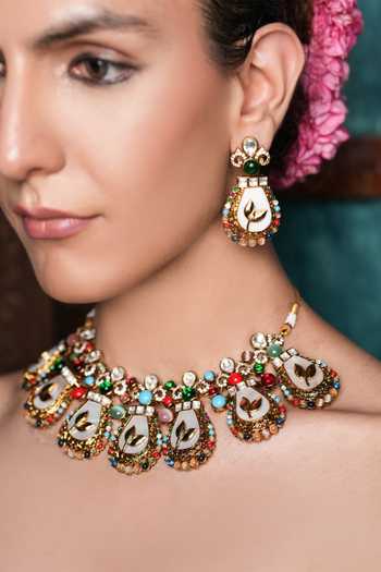 Shop_Cao Jewellery_Multi Color Floral Enamelled Necklace Set _at_Aza_Fashions