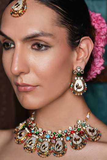 Cao Jewellery_Multi Color Floral Enamelled Necklace Set _Online_at_Aza_Fashions