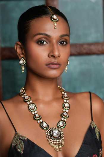 Shop_Cao Jewellery_White Polki Embellished Pendant Necklace Set _at_Aza_Fashions