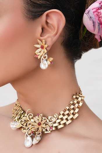 Shop_Cao Jewellery_Pink Baroque Pearl Embroidered Necklace Set _at_Aza_Fashions
