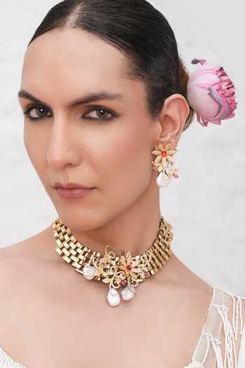 Buy_Cao Jewellery_Pink Baroque Pearl Embroidered Necklace Set _at_Aza_Fashions