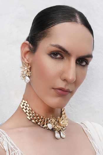 Cao Jewellery_White Baroque Pearl Necklace And Earrings Set _Online_at_Aza_Fashions