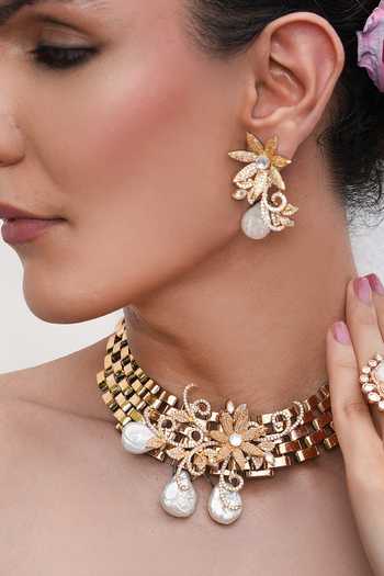 Shop_Cao Jewellery_White Baroque Pearl Necklace And Earrings Set _at_Aza_Fashions