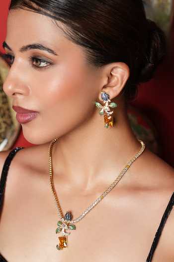 Shop_Cao Jewellery_Gold Plated Cubic Zirconia Embellished Pendant Necklace Set _at_Aza_Fashions
