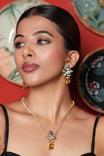 Cao Jewellery_Gold Plated Cubic Zirconia Embellished Pendant Necklace Set _Online_at_Aza_Fashions